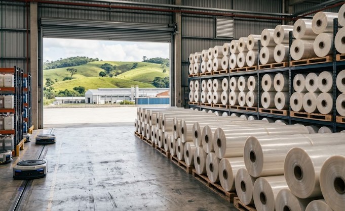 Bobina de PET laminado fabricada pela Serrana Laminados para atendimento a Mogi das Cruzes, SP