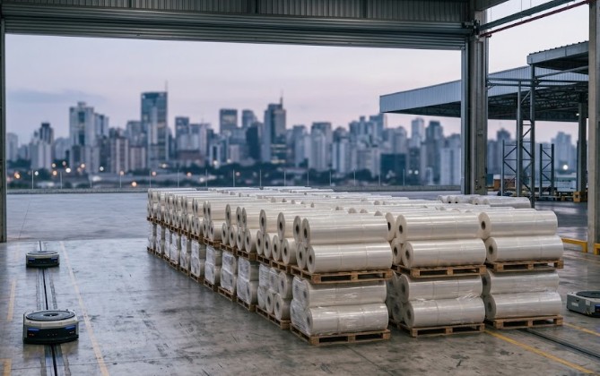 Bobina de PET laminado fabricada pela Serrana Laminados para atendimento à cidade de São Paulo